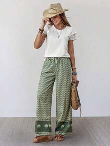 Pantalones anchos de pierna ancha de satén negro de larga duración con ajuste cómodo para mujeres, pantalones de satén negro, pantalones de seda para mujeres, pantalones de satén negro, pantalones de seda negra, pantalones casuales para mujeres - Verde - Ver 6