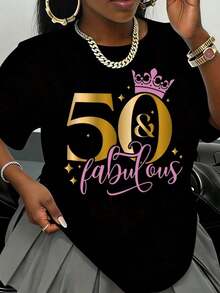 Camiseta de Cumpleaños "50 y Fabulosa" para Mujer, Regalo de 50º Cumpleaños con Diseño de Corona, Estampado Dorado y Rosa, Camiseta para Celebración, Camiseta de Algodón - Negro - Ver 3