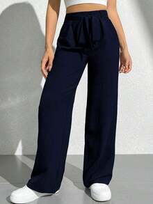 PETITE Pantalones anchos largos para mujeres, en unicolor, cintura alta con cinturón para un estilo suelto - Azul marino - Ver 5