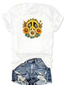 Camiseta con estampado de flores retro, girasoles y símbolo de la paz estilo hippie, manga corta, cuello redondo, top casual para verano y primavera, ropa de talla grande para mujer. - Blanco - Ver 3