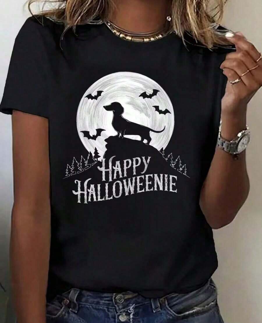 Camiseta de algodón 100% pura, informal, estampada, para mujer, con estampado de oso a cuadros y letras, pijama cómodo de manga corta y cuello redondo, ropa de casa cómoda e informal para mujer. - Negro 5 - Ver 1