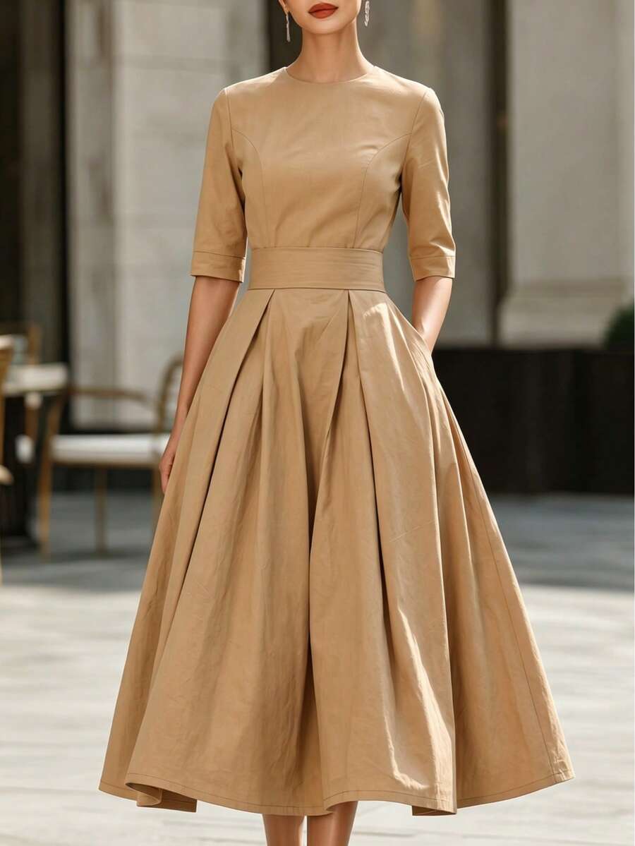 Elio Closet 女士夏季时尚休闲派对鸡尾酒会商务办公中袖A字连衣裙,适合派对、外出、通勤、社交场合、返校季、海滩度假等场合,优雅百搭。 - 卡其色 - 查看 1