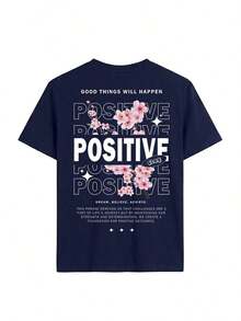 Camiseta de manga corta para mujer con estampado de flores de cerezo "POSITIVE", corte holgado y cómodo, estilo vintage americano.Adecuado para paseos urbanos en primavera, admirar las flores de cerezo y para desplazamientos diarios informales en verano. - Azul marino - Ver 2
