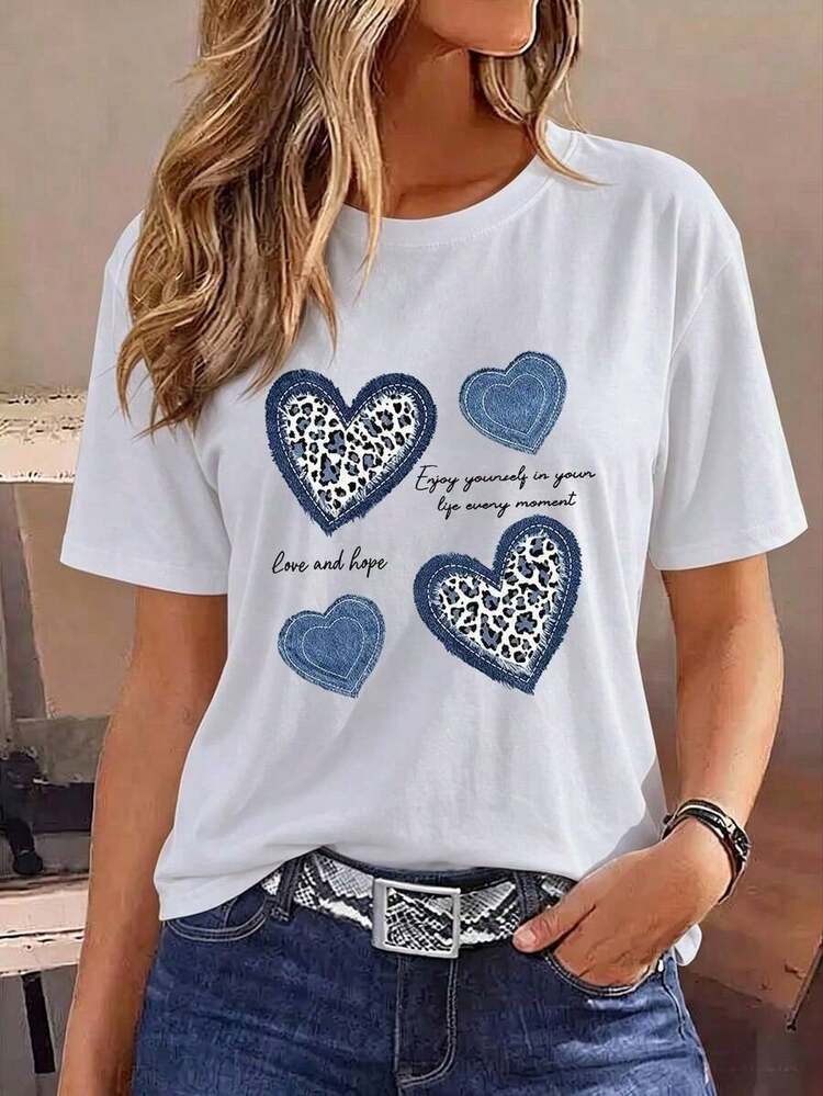 Playera Oversize Mujer "Corazones Rosa y Leopardo" - Azul Marino con Estampado Femenino Chic - Blanco-3 - Añade 1
