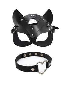 2pcs Gothic Fox Ear & Rabbit Mask Collar Set, Faux Leather Half Face Mask With Rivets, Black PU Leather Heart Choker, Sexy Cosplay Accessories, Fox & Rabbit Mask Suitable For Halloween Party, Valentine's Day, Roleplay, Boudoir Photography - Multicolor - View 15