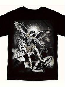 Camiseta 100% Algodón del Arcángel Miguel Derrotando a Satanás - Estampado Religioso de Batalla en , Manga Corta y Cuello Redondo, Ajuste Holgado para Eventos de Iglesia y Atuendo Casual - Negro - Ver 6