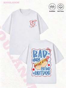 2026 New Fashion,1PC,Women's " Day To Be A Hotdog" Retro Cartoon Graphic T-Shirt |     100% Cotton Breathable Spring Tops, Oversized Short Sleeve Tee, - 白色 - 查看 1