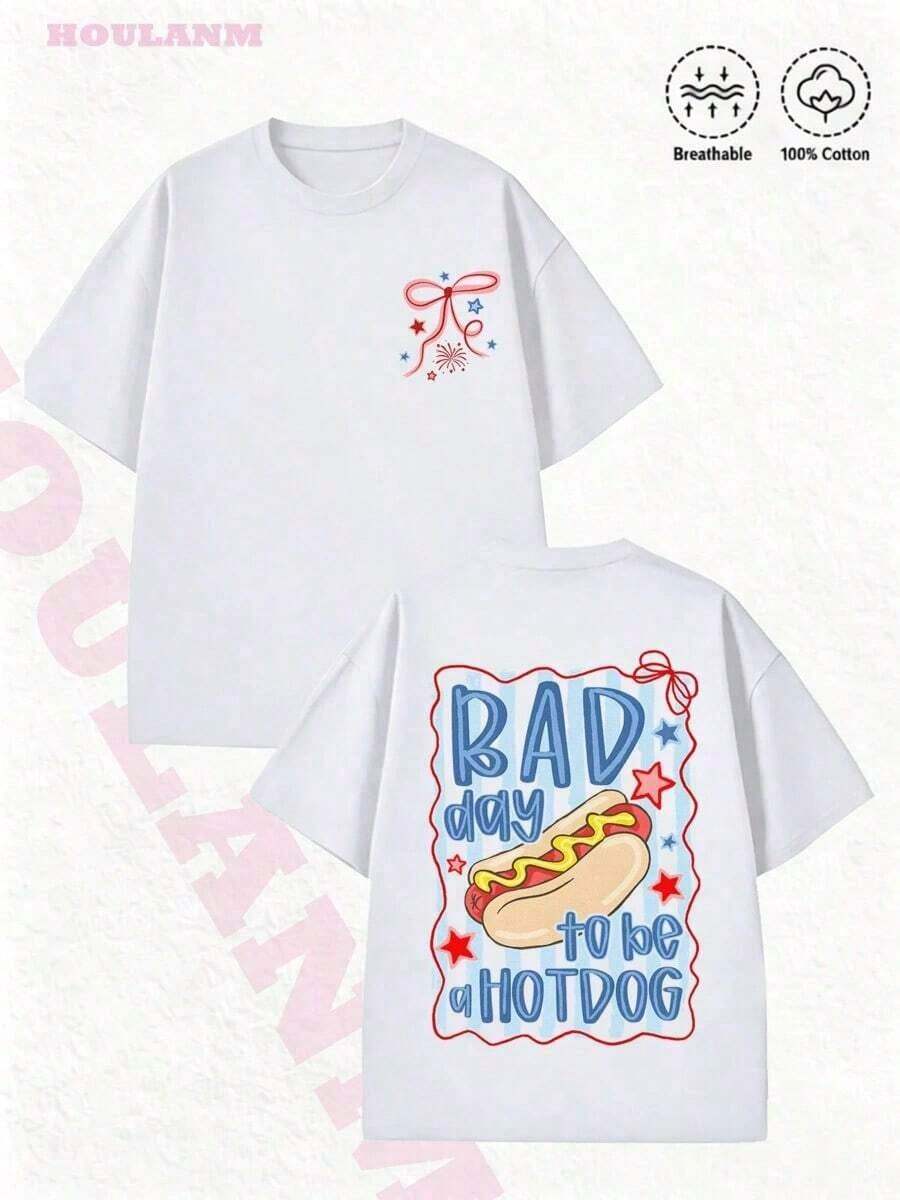 2026 New Fashion,1PC,Women's " Day To Be A Hotdog" Retro Cartoon Graphic T-Shirt | 100% Cotton Breathable Spring Tops, Oversized Short Sleeve Tee, - 白色 - 查看 1