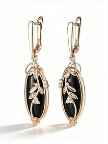 1pair Vintage Black Stone Drop Earrings For Women Fashion Gold Color Leaf Zirconia Inlaid Earrings Elegant Jewelry For Wedding Party Fine Daily Jewelry - Earrings - View 3