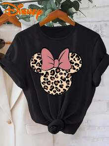 Disney Official Licensed Leopard Print Minnie Mouse Head T-Shirt For Women, 100% Cotton Oversized Loose Fit Graphic Tee, Casual Short Sleeve Summer Top - màu đen - Xem 1