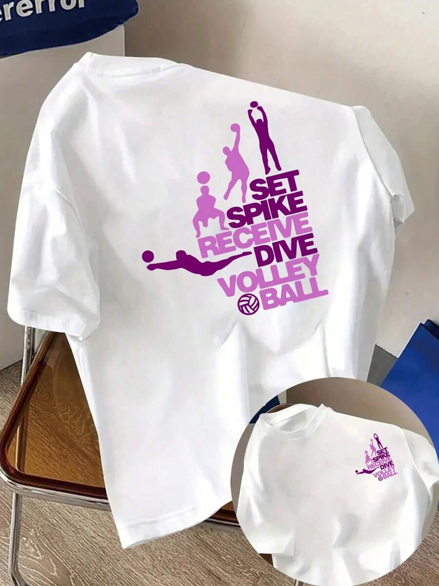 Camiseta de manga corta% algodón, con estampado deportivo de voleibol - camiseta de moda para mujer, para primavera y verano, un artículo de moda que se puede usar durante todo el año. Adecuada para usar en capas en primavera y otoño, y sola en verano. Estilo unisex, perfecta para amigas. Camiseta de algodón de alta calidad con un toque de marca moderno. - Blanco - Ver 1
