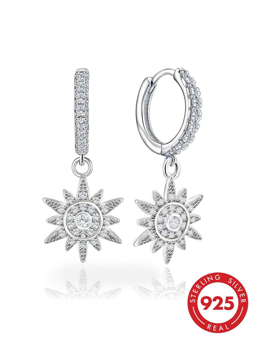 Bông tai dạng vòng mặt dây chuyền hình mặt trời bằng bạc Sterling 925 đính đá Cubic Zirconia, món trang sức tinh tế để đeo hàng ngày hoặc làm quà sinh nhật. - Bạc - Xem 1
