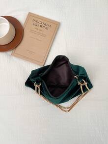 1pc Green Velvet Minimalist Solid Color Baguette Shoulder Bag For Women, Summer New Arrival - Green - View 6