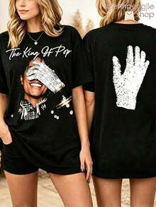 Camiseta Oversize Estampada "The King Of Pop" de Jackson para Mujer, Ropa para Conciertos, Camisetas Estampadas para Mujer, Ropa para Vacaciones en la Playa, Ropa de Verano para Mujer, Ropa para Conciertos Country, Ropa para Brunch para Mujer - Multicolor - Ver 7