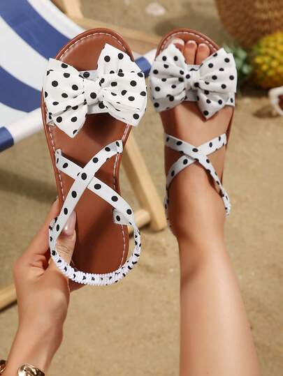 Women's Polka Dot Bow-Tie Criss-Cross Strap Sandals, Ladies' Spring/Summer Open Toe Flat Elastic Strap, Easy To Wear, Summer Beach Slippers