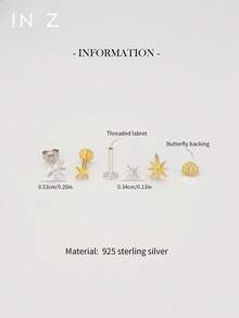 1pc 16G Small/Tiny Three-Dimensional Smooth Octagonal Flat Back Labret Stud | 925 Sterling Silver Jewelry | Sold As 1 Piece (Not 1 Pair) - Eight-pointed Star - View 4