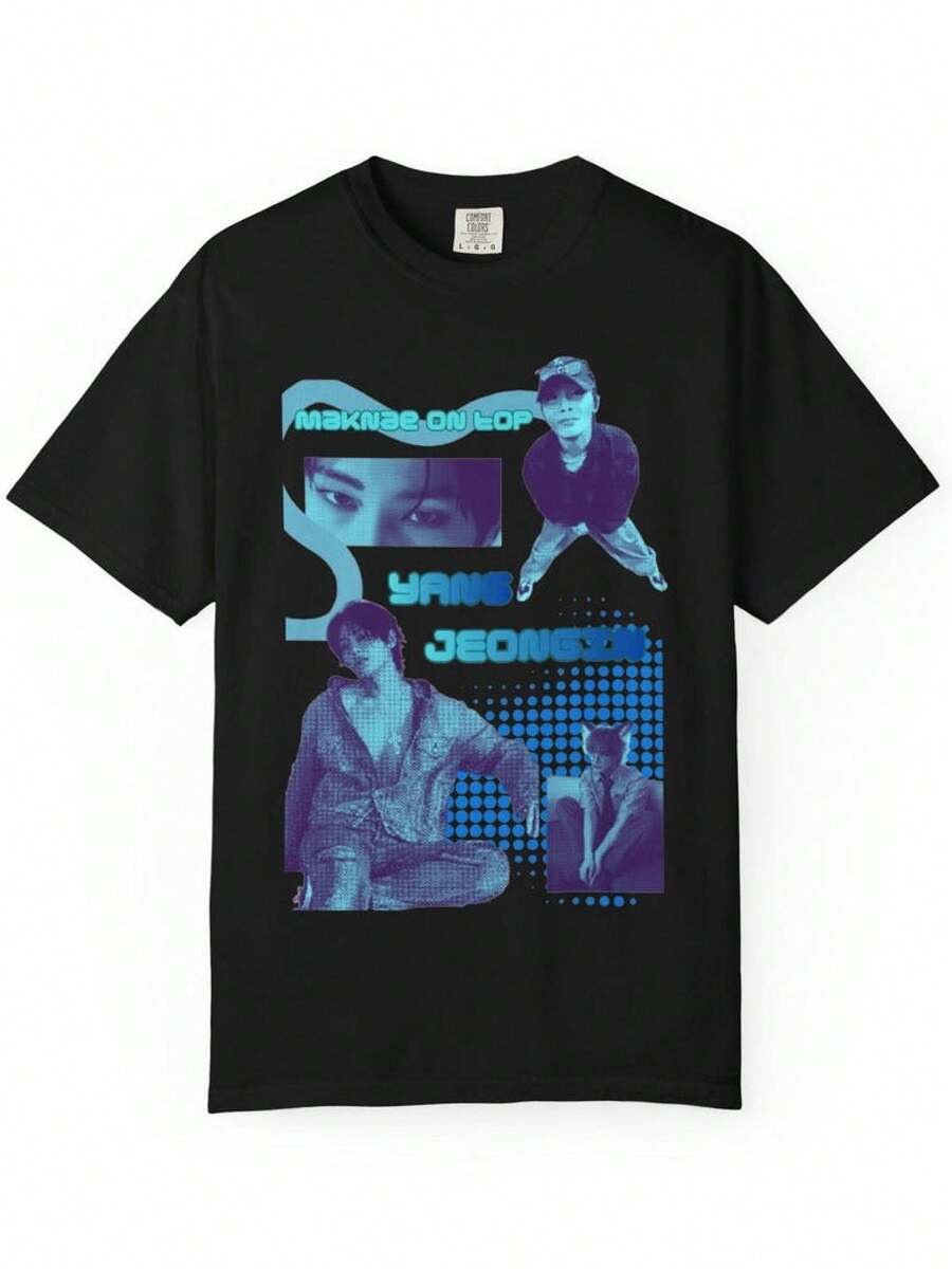 Camiseta Retro Azul con Collage de Fotos de Stray Jeongin I.N| Vintage Band Photo Teeblusas para mujer playeras de mujer vestidos casuales para mujer y2k playeras deportivas para mujer verano camisetas ropa de mujer Fashion Perfect For Daily - Negro - Ver 1