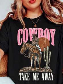 Camiseta Cowboy Take Me Away: Camiseta con Estampado Gráfico Western Vintage, Camiseta de Algodón Grueso de Manga Corta, Estilo Clásico, Casual para Mujer - Negro - Ver 7