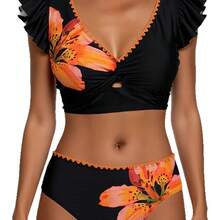 Bikini triangular sexy con estampado moderno, mangas cortas con volantes, traje de baño de dos piezas sin tirantes para mujer en la playa. - Negro - Ver 5