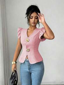 Elenzya Cárdigan de mujer elegante con decoración de hebilla metálica de unicolor y mangas abullonadas, blusa refinada de mujer - Rosa - Ver 4