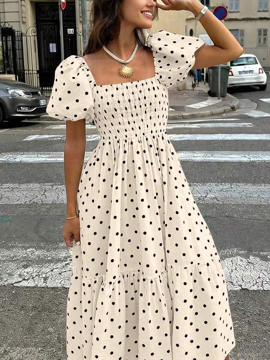 2026 Women's White Spring/Summer Dress With Puff Sleeves, Ruffled Hem And Pleats, Elegant And Versatile Bohemian Style, Suitable For Festivals, Casual Wear, Elegant Dresses, Concerts, Holidays And Summer Dresses - 灰色 - 查看 1