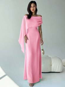Nuevo vestido de hombros descubiertos con cuello de barco, ajuste ceñido y fluido con detalle de lazo, versátil para cumpleaños, fiesta, cóctel, color verde - Rosa - Ver 3