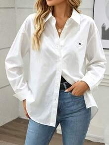 Women Plain Color Embroidered Front Short Back Long Button-Up Shirt - White - View 2