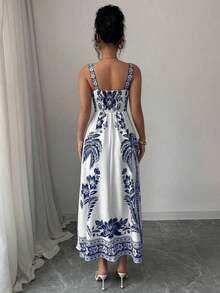 Vestido de tirantes finos con estampado localizado y silueta de línea A para mujer, ideal para el verano - Azul y blanco - Ver 9