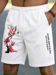 Quần short nam FRACTYR mùa hè, phong cách đường phố thường ngày, họa tiết hoa mai đỏ, dáng rộng, in hình, chất liệu mềm mại. - trắng - Xem 3
