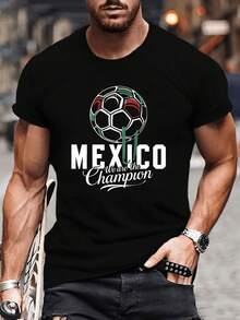 Camiseta de manga corta para hombre con estampado creativo de fútbol mexicano, camiseta a la moda, top versátil, cómodo y casual para el verano. - Negro - Ver 1