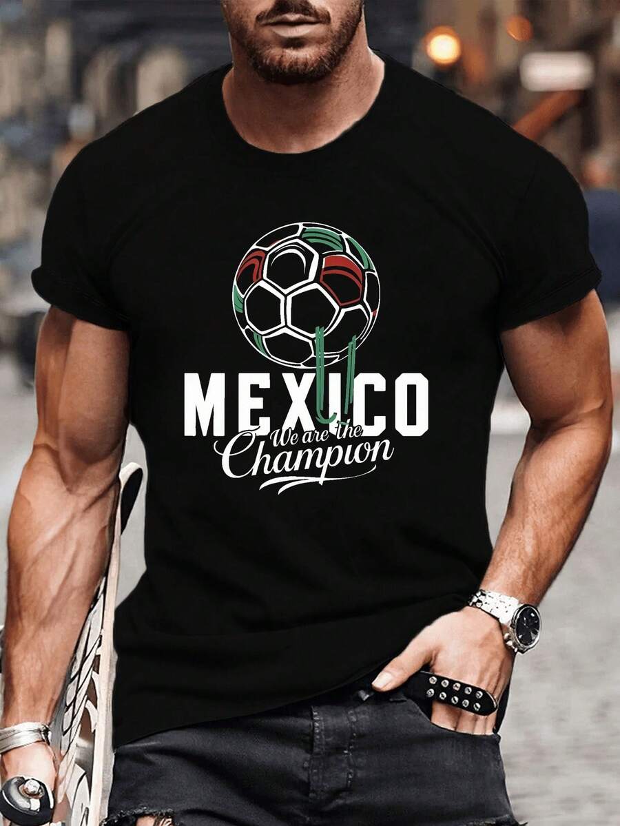 Camiseta de manga corta para hombre con estampado creativo de fútbol mexicano, camiseta a la moda, top versátil, cómodo y casual para el verano. - Negro - Ver 1