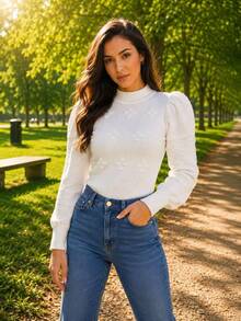 Versatile Modal Blouse With Puff Sleeves For Winter. - White - View 1