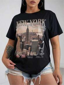 1 pieza de camiseta gráfica negra con estampado del skyline de Nueva York, ropa casual de estilo urbano, transpirable, que absorbe el sudor y suave, adecuada para los desplazamientos diarios, para descansar en casa y para uso casual. Conjuntos de Ropa Estilo Urbano para Fiesta de Año Nuevo 2026 - Camisetas de Algodón Antiarrugas 180g 100% Algodón - Negro - Ver 7