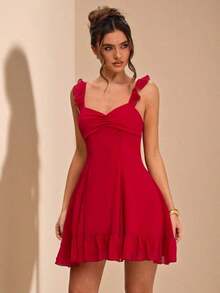 Vestido mini rojo con espalda descubierta, tirantes con lazo y dobladillo con volantes, vestido de verano ligero y ajustado, adecuado para invitada de boda, fiesta, cóctel, vacaciones en la playa, cumpleaños, graduación, elegante y sexy, para mú - Rojo - Ver 4