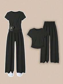 Conjunto casual de 2 piezas para mujer con camiseta de manga corta y cuello redondo y pantalones.Conjunto de 2 piezas de pantalones para mujer con pantalones de pierna ancha.Conjunto a juego para mujer. - Negro - Ver 7