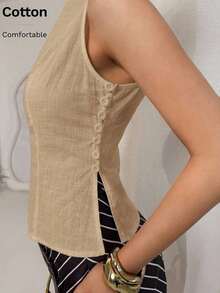 Camisa de mujer de cuello redondo sin mangas a rayas en blanco y negro con botones laterales y abertura, elegante para ir al trabajo, básica, para profesoras, negocios casuales, oficina, trabajo de mujeres, profesional, uso de oficina, casual de - Caqui - Ver 3