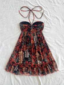 Vestido casual holgado con estampado floral, volantes en el bajo y corte evasé para mujer, ideal para vacaciones, festivales de música hippie - Negro - Ver 2