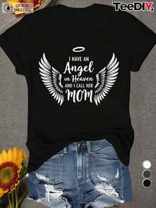Camiseta Conmemorativa "Ángel del Cielo" para Mujer - Impresa con las palabras "Tengo un ángel en el cielo y la llamo mamá" y un diseño de alas de ángel, camiseta casual de manga corta con cuello redondo, adecuada para uso diario, un regalo conmemorativo para madres, hecha de tela transpirable apta para todas las estaciones. - Negro - Ver 1