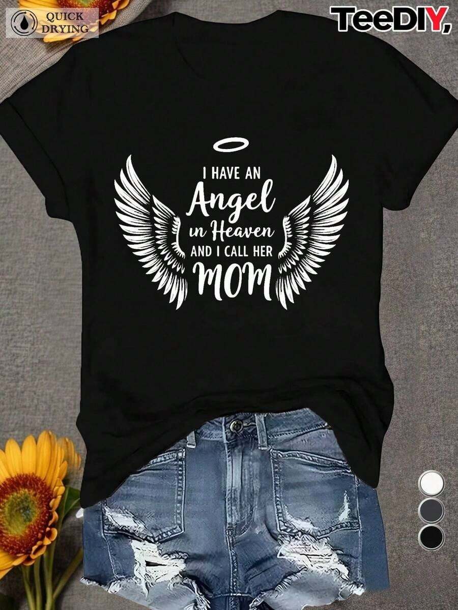 Camiseta Conmemorativa "Ángel del Cielo" para Mujer - Impresa con las palabras "Tengo un ángel en el cielo y la llamo mamá" y un diseño de alas de ángel, camiseta casual de manga corta con cuello redondo, adecuada para uso diario, un regalo conmemorativo para madres, hecha de tela transpirable apta para todas las estaciones. - Negro - Ver 1