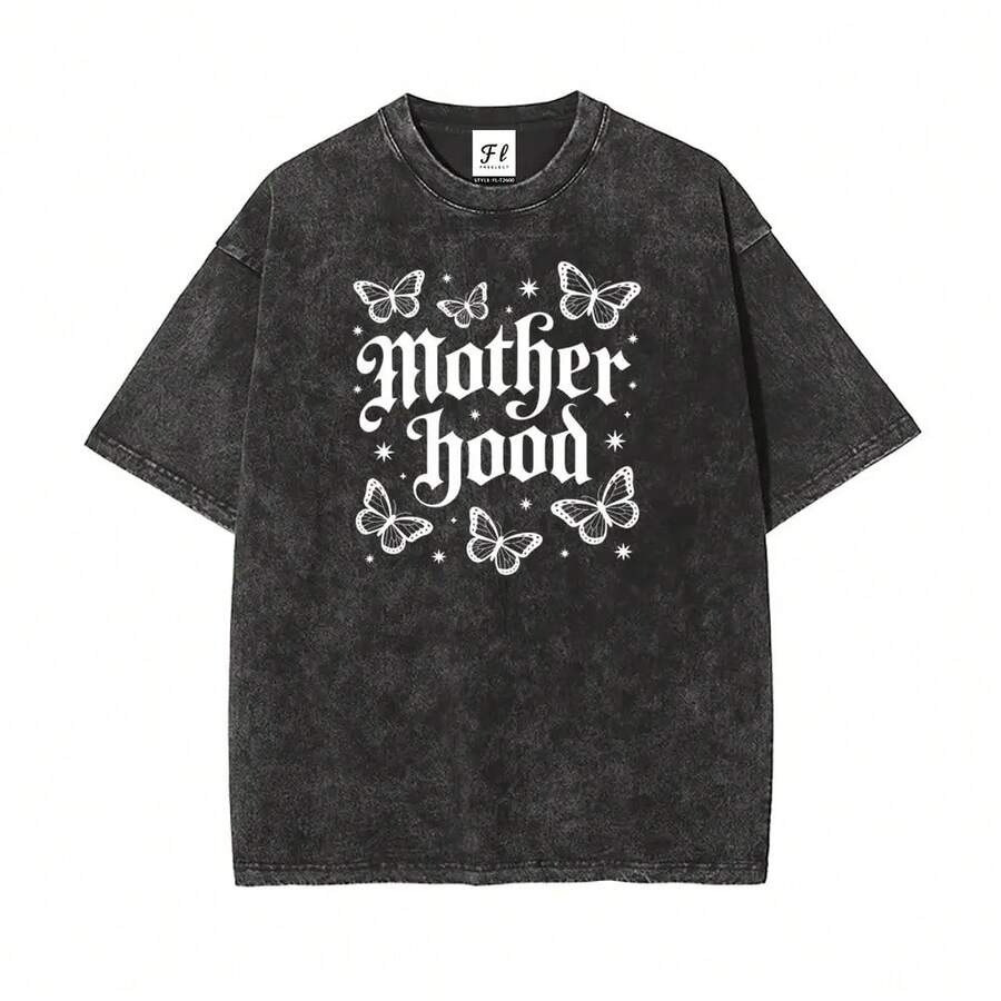 Camiseta Retro con Estampado de Mariposa "Motherhood" | Camiseta Casual Oversized "Mom Life" - Regalo para el Día de la Madre - Negro - Ver 1