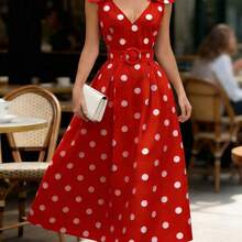 guang zhou mi qian shang mao  Vestido elegante de mujer con decoración de lazo a lunares para fiestas navideñas y de Año Nuevo - Rojo - Ver 2