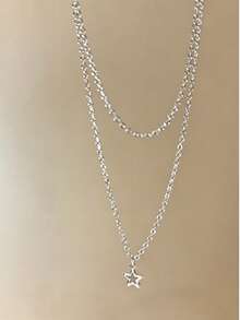 1 pieza Collar con colgante de estrella y luna de metal plateado multicapa hecho a mano - Plateado - Ver 3