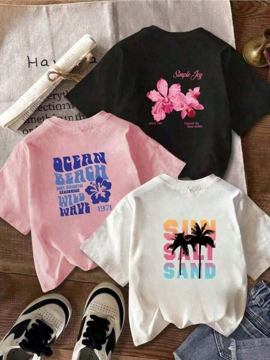 Sold Separately, Not A Three-Piece Set. Women's Vintage American-Style Printed T-Shirt, Soft And Comfortable, Available In Various Styles. Three Designs To Choose From. Made From 100% Pure Cotton, It's Ideal For Working Out, Everyday Wear, Vacations, School, The Office, And Parties. - 黑色 - 查看 1