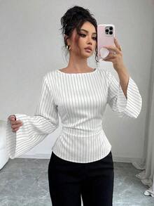 Blusa de manga larga con rayas y pliegues en la espalda para mujer - Blanco - Ver 6