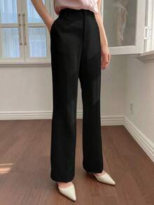 Pantalones rectos de unicolor de estilo casual y de negocios, pantalones de vestir de tiro bajo para mujer - Negro - Ver 3