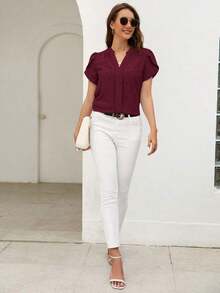 Blusa de mujer de escote en V con estampado de corazón y mangas con volantes para el verano y la playa - Burdeos - Ver 5