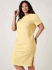 Vestido casual para cena y citas de tallas grandes con abertura lateral y color sólido - Amarillo claro - Ver 5