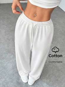 Pantalones de chándal de mujer de punto de unicolor, cómodos y casuales con pierna ancha - Blanco - Ver 1