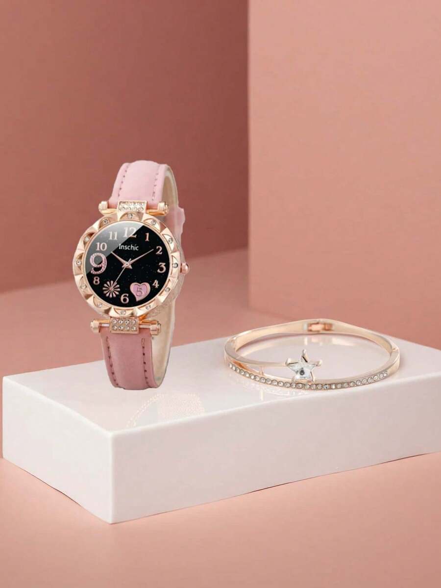 2pcs/Set Fashion Quartz Watch Set, Versatile Casual Quartz Watch + Five-Point Star Bracelet, Minimalist Dial Design, Bracelet Embellished With Sparkling Star Elements, Elegant Daily Wear Wrist Accessory Combination, Ideal Choice For Students Back To School, Children's Holidays, Christmas And Halloween - Multicolor - View 1