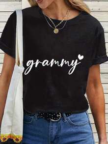 Camiseta Casual Esencial con Diseño de Corazón Escrito a Mano Grammy Love - 100% Algodón Puro, Manga Corta, Cuello Redondo, Camiseta de Verano, Corte Holgado, Cómoda, Suave, Elástica y Ajustada, Moda Femenina, Algodón Suave para Uso Diario, Transpirable y Confortable. - Blanco - Ver 7